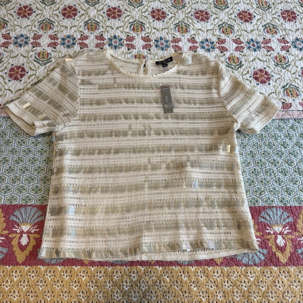 J.Crew Womens Small Ivory Open Knit Sequin Sweater Top Short Sleeve Crochet NWT